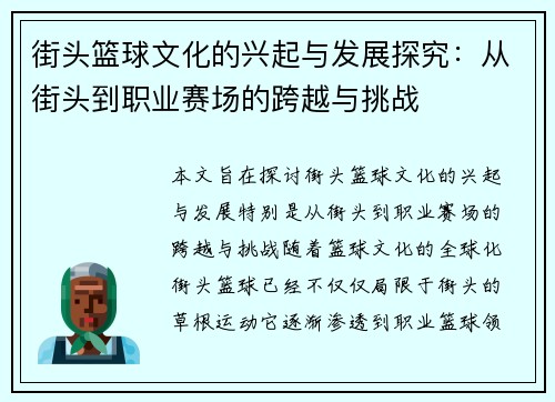 街头篮球文化的兴起与发展探究：从街头到职业赛场的跨越与挑战